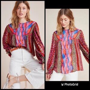 Anthropologie Blank London Miranda Peasant Blouse Multi Color Mixed Print Size S